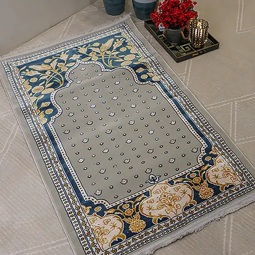 Turkish Bamboo Sajjadeh Janamaz - 2.6 x 3.9 FT - L Gray and Blue
