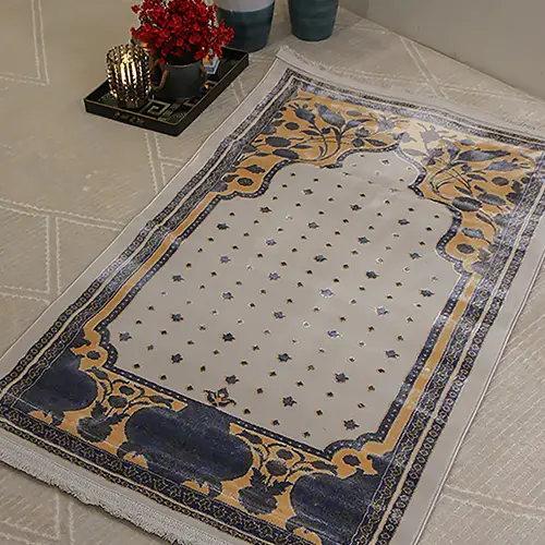 Turkish Bamboo Sajjadeh Janamaz - 2.6 x 3.9 FT - L Gray and Blue